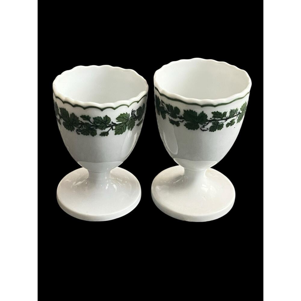 2 Vintage Meissen Porcelain Green Ivy Leaf Egg Cups